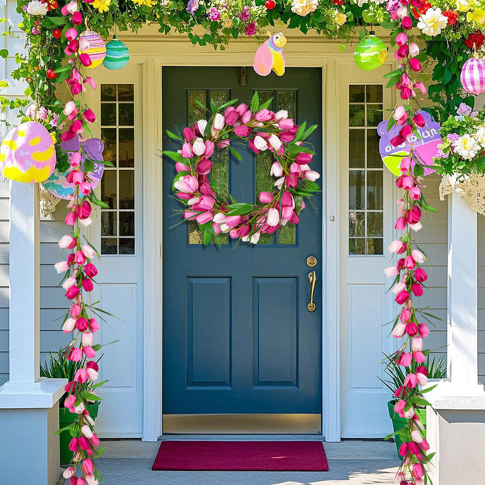Easter Tulip Garland 6.5ft Artificial Spring Garland Easter Decorations Garland with Tulip Flower Green Leaves Hanging