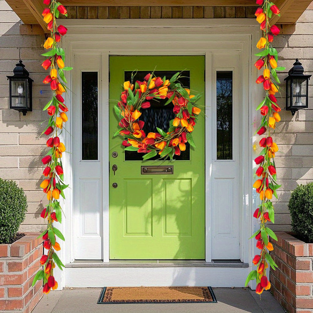 Easter Tulip Garland 6.5ft Artificial Spring Garland Easter Decorations Garland with Tulip Flower Green Leaves Hanging