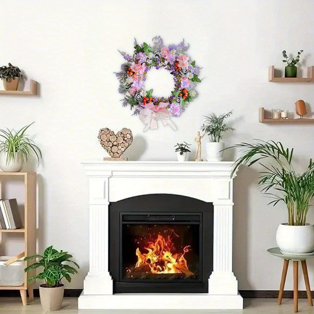 Spring Rose Daisy Wreath, 15.7in Spring Summer Bow Artificial Wreath for Front Door Easter Spring Wreath Home Wall