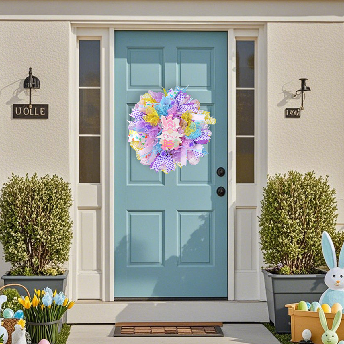 Easter Dwarf Rabbit Mesh Wreath, 15.7in Artificial Easter Gnome Door Hanging Wreath, Colorful Easter Bunny Welcome