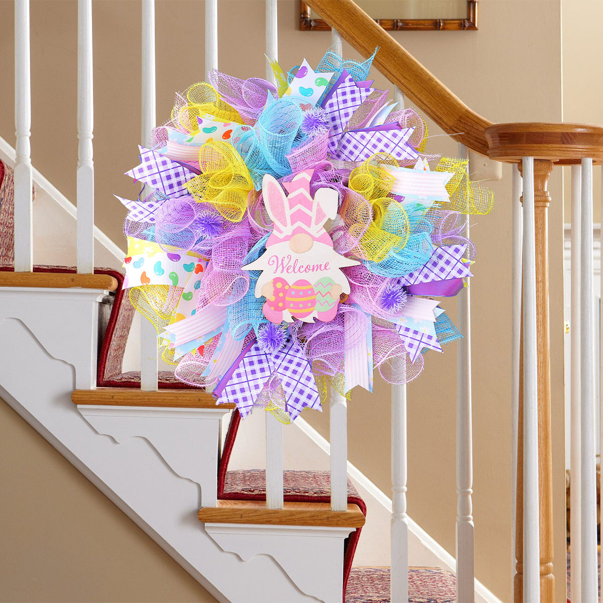 Easter Dwarf Rabbit Mesh Wreath, 15.7in Artificial Easter Gnome Door Hanging Wreath, Colorful Easter Bunny Welcome