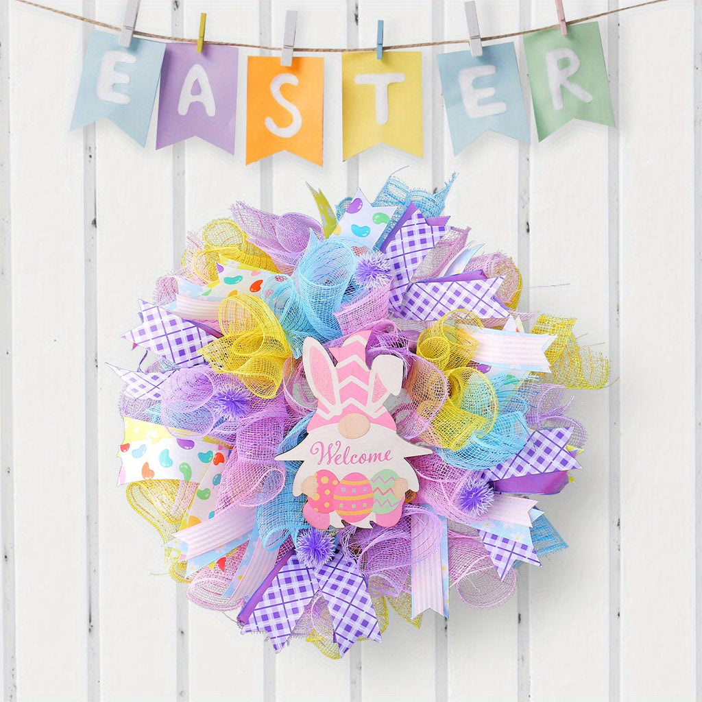 Easter Dwarf Rabbit Mesh Wreath, 15.7in Artificial Easter Gnome Door Hanging Wreath, Colorful Easter Bunny Welcome