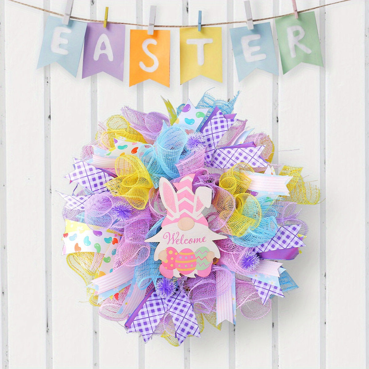 Easter Dwarf Rabbit Mesh Wreath, 15.7in Artificial Easter Gnome Door Hanging Wreath, Colorful Easter Bunny Welcome