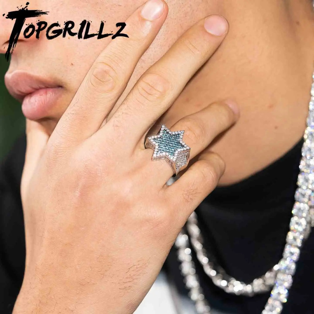 New Iced Out Hexagon Star Rings For Men/Women Micro Paved Gold Silver Color Finish Cubic Zircon Charm Hip Hop Jewelry Ring Gift