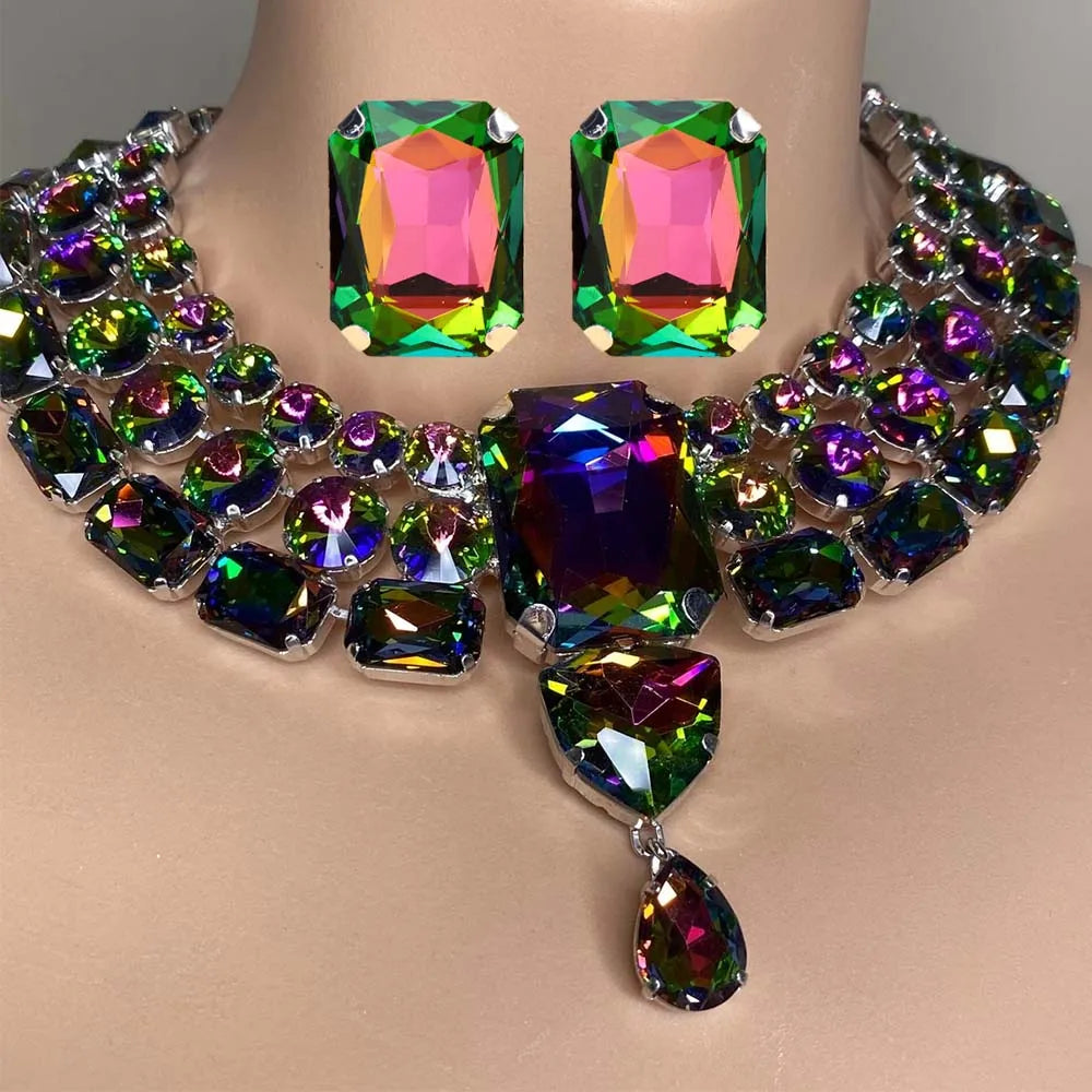 Stonefans Opulent Large Necklace Earring Set Indian Boho Party Wedding Set Statement Oversized Drag Queen Costume Necklace Gift