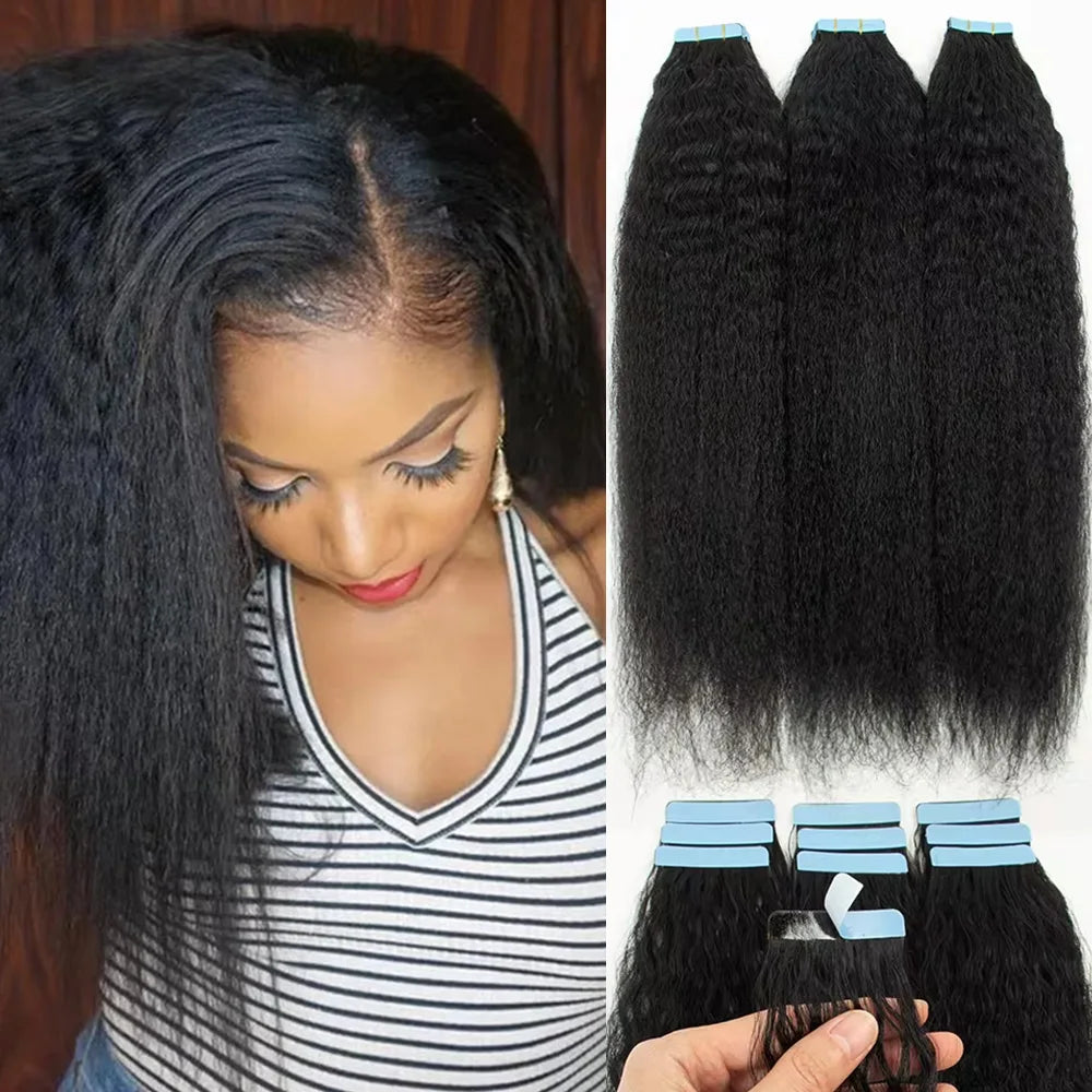 12"-24'' Kinky Straight Tape In Human Hair Extensions Brazilian Remy Hair Natural Black Adhesive Kinky Straight Tape Ins Hair