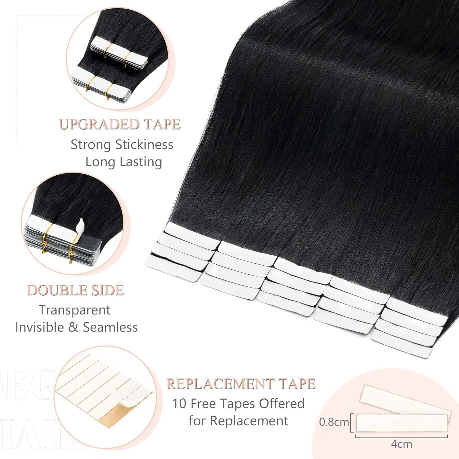 Tape in Hair Extensions Black Straight Color 1B Natural Black Seamless Tape in Extensions Human Hair Straight Remy Extensions
