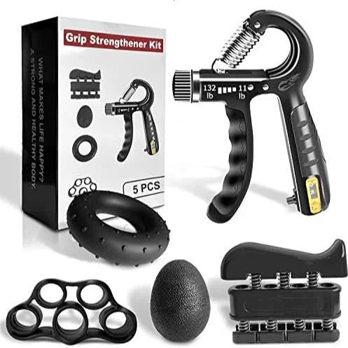 Grip Trainer Kit: Adjustable Hand Gripper,Finger/Hand Exercisers,Stress Ball & Forearm Ring for Muscle Build & Injury Rcvry