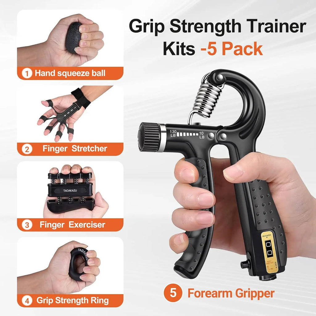 Grip Trainer Kit: Adjustable Hand Gripper,Finger/Hand Exercisers,Stress Ball & Forearm Ring for Muscle Build & Injury Rcvry