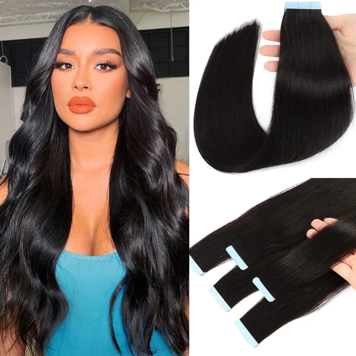 Tape in Hair Extensions Black Straight Color 1B Natural Black Seamless Tape in Extensions Human Hair Straight Remy Extensions