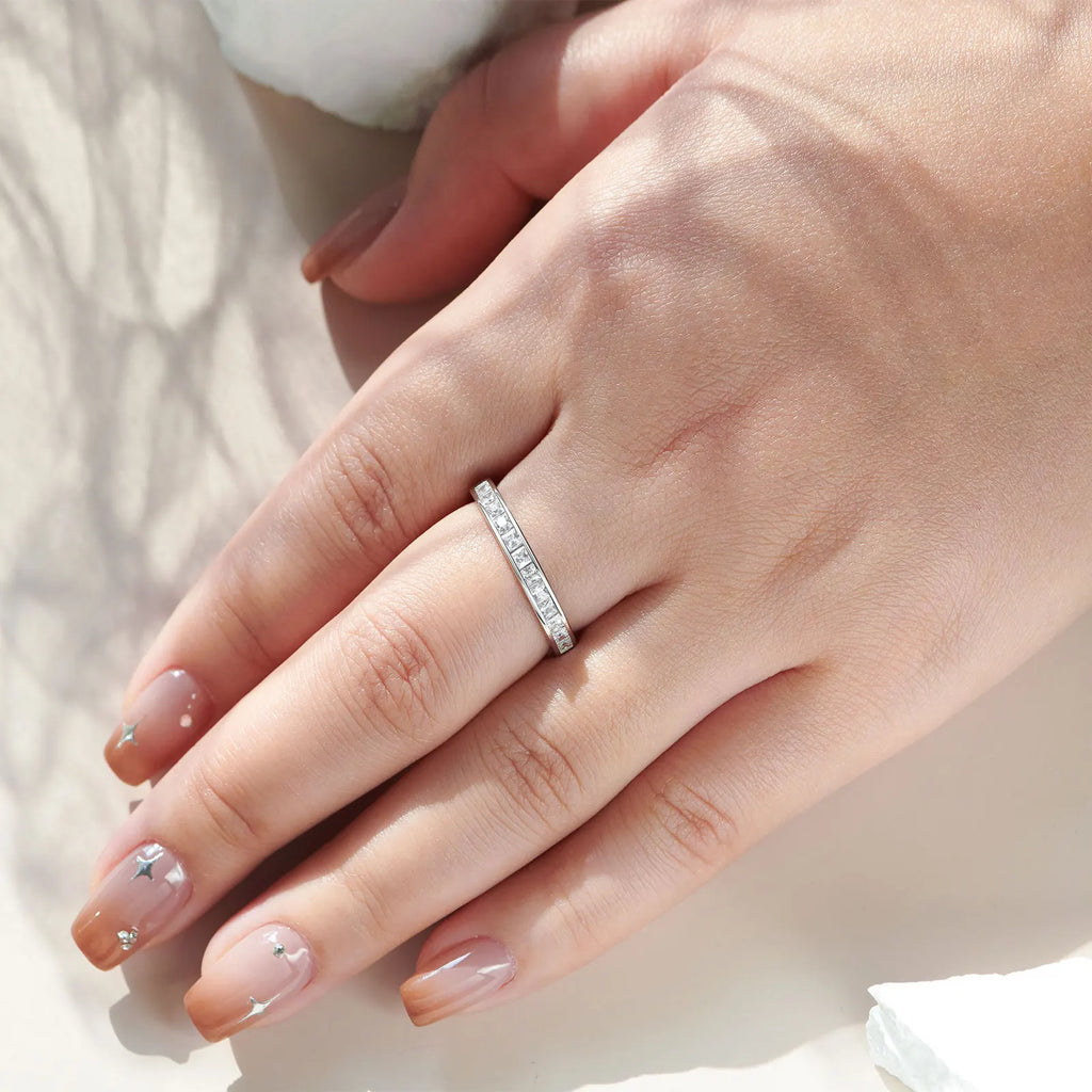 Newshe 925 Silver Wedding Bands for Women Princess AAAAA Cubic Zircon Diamond Stackable Eternity Finger Rings Quality Jewelry