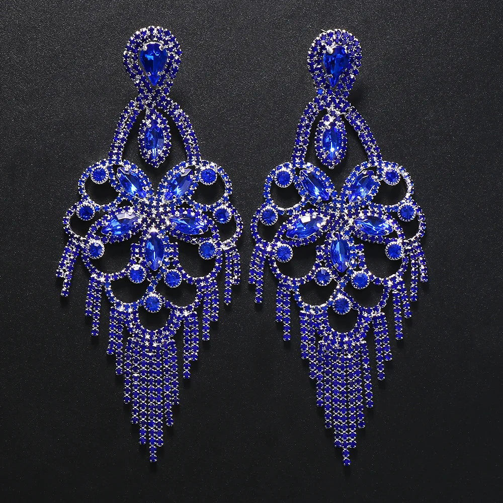GLAMing Multicolors Exaggerated Rhinestone Tassel Earrings Flower Crystal Earrings Long Dangle Earrings Women Fashion Jewelry