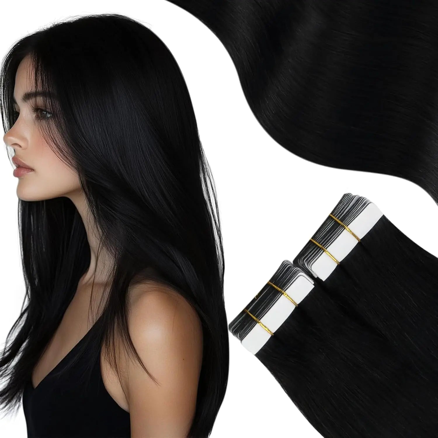 Moresoo Tape in Hair Extensions Black Hair Natural Straight Real Remy Hair Tape Adhesive 100% Human Hair Extensions Tape in