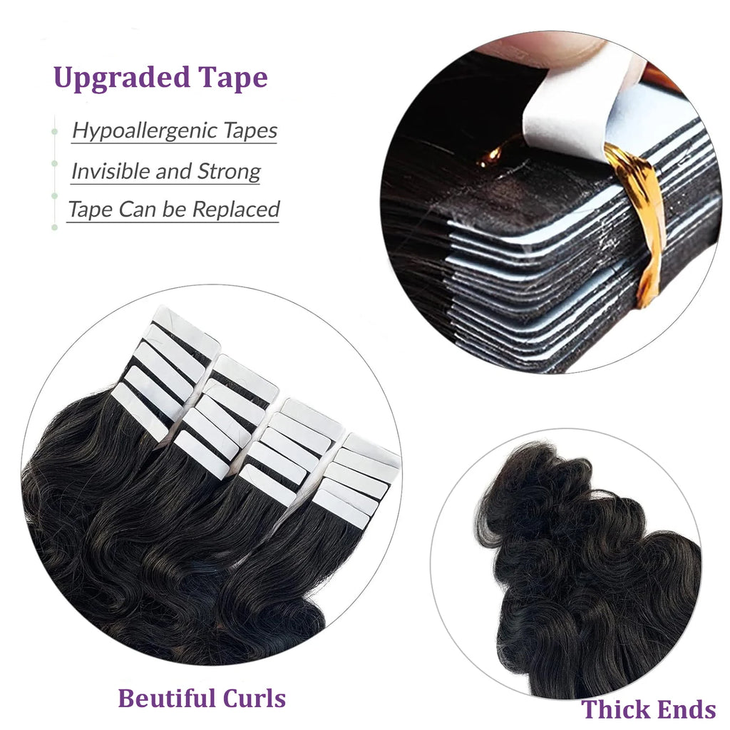 Body Wave Tape In Human Hair Extensions 20Pcs/Pack Seamless Skin Weft Tape Ins 100% Human Hair Wavy Tape In Hair Extensions