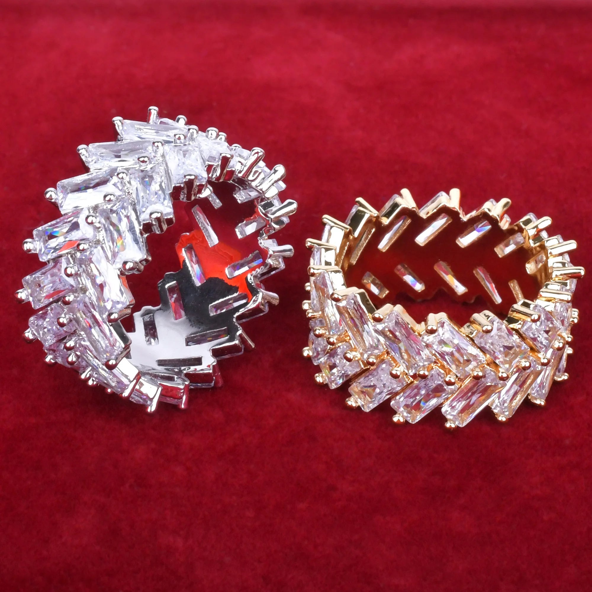 2 Row Baguette Zircon Men's Ring Copper Charms Gold Color Fashion Hip Hop Rock Jewelry