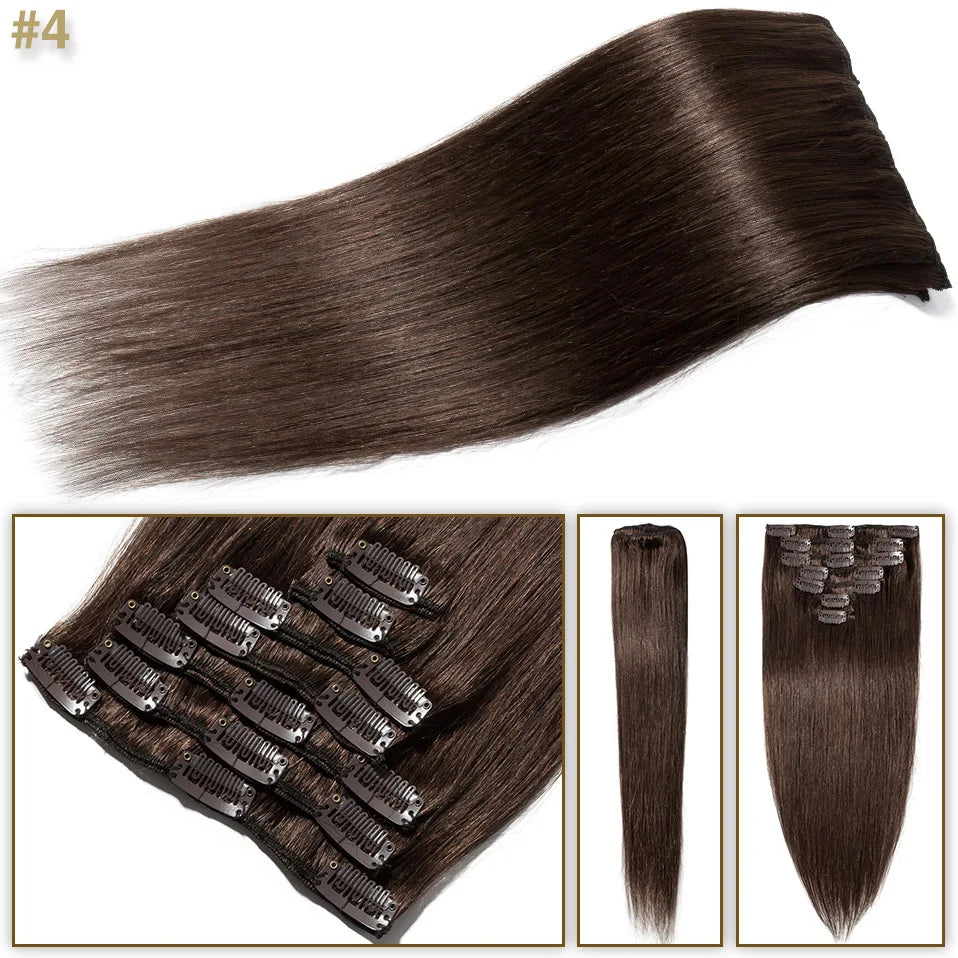 S-noilite 7Pcs/Set Clip In Hair Extensions Human Hair Natural Extension Hair Clips 15"-22" Thin Full Head Clip In Natural Hair