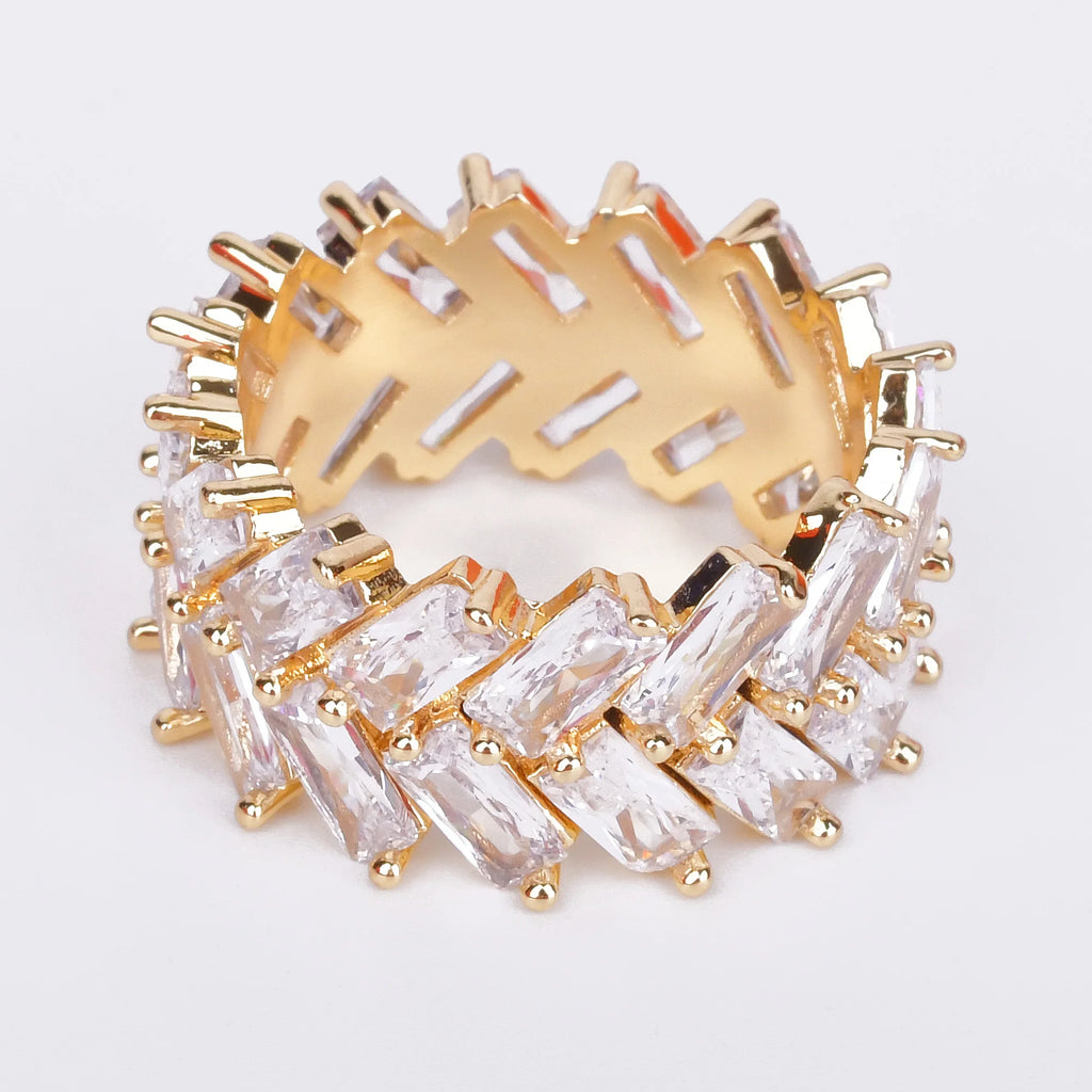 2 Row Baguette Zircon Men's Ring Copper Charms Gold Color Fashion Hip Hop Rock Jewelry