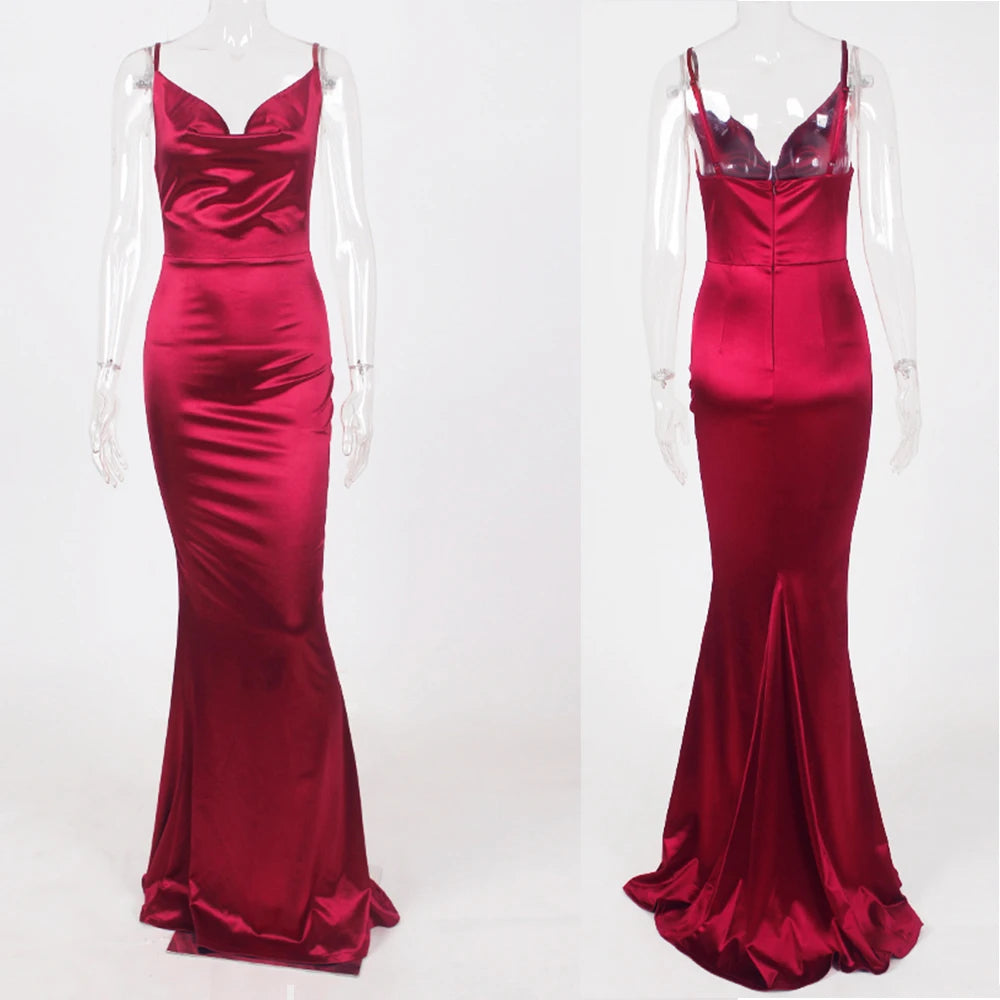 Romagic Green Cowl Neck Evening Dress Backless Long Luxury Stretchy Satin Sexy Burgundy Wedding Party Dresses Summer