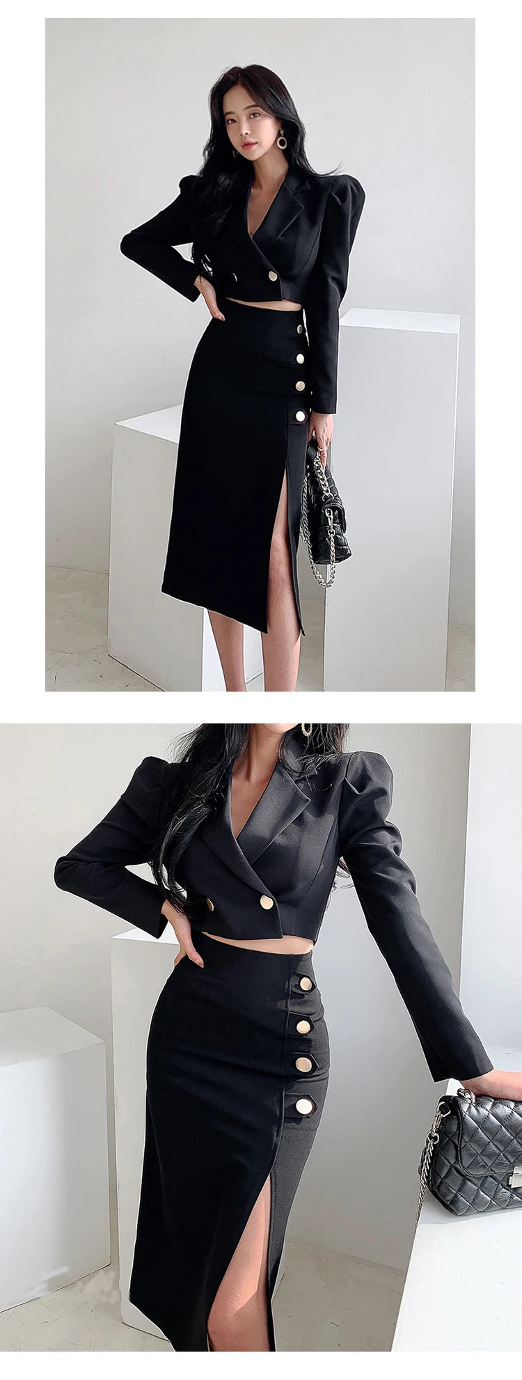 New Spring Autumn Black Formal Sexy 2 Piece Outfit Short Set Women Ladies Clothes Cropped Suit Blazer Coat High Waist Slit Skirt