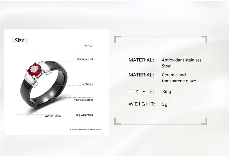 6mm White Black Ceramic Rings Plus Red Cubic Zirconia For Women Gold Color Stainless Steel Women Wedding Ring Engagement Jewelry