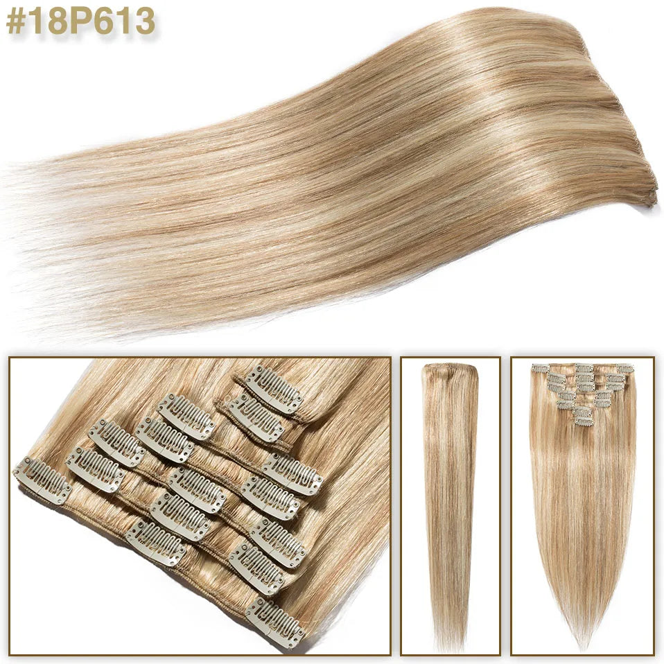 S-noilite 7Pcs/Set Clip In Hair Extensions Human Hair Natural Extension Hair Clips 15"-22" Thin Full Head Clip In Natural Hair