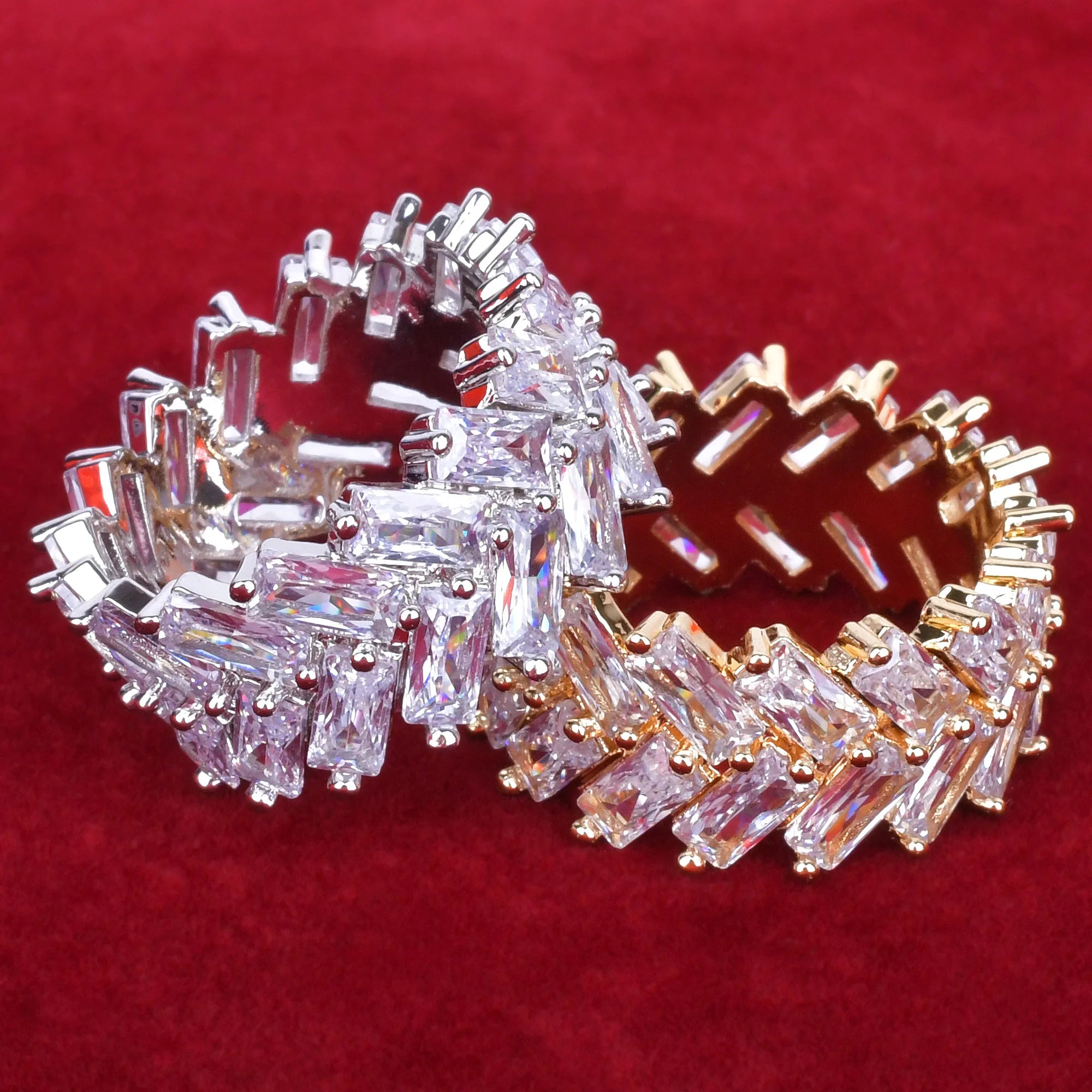 2 Row Baguette Zircon Men's Ring Copper Charms Gold Color Fashion Hip Hop Rock Jewelry