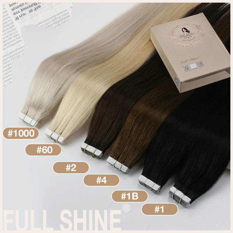 Full Shine Tape in Human Hair Extensions 20pcs Adhesive Skin Weft Pure Solid Color Glue on Woman Hair Machine Made Remy