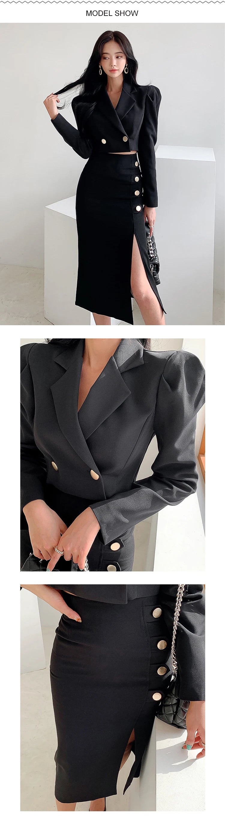 New Spring Autumn Black Formal Sexy 2 Piece Outfit Short Set Women Ladies Clothes Cropped Suit Blazer Coat High Waist Slit Skirt