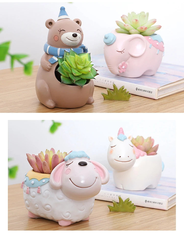 Cartoon Animal Flower Pot for Succulents Cactus Plants, Unicorn Elephant Bear Fairy Garden Figurine, Home Tabletop Decor
