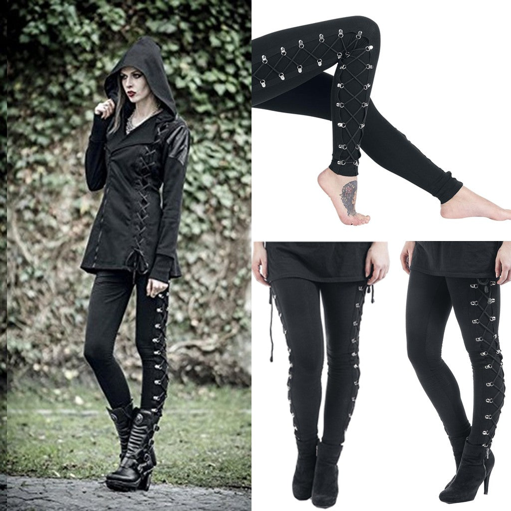 Gothic Leggings Black Vintage Women Punk Lace Up Bottoms Steampunk Pants Leggins Mujer Women Long Pencil Pants Trousers лосины