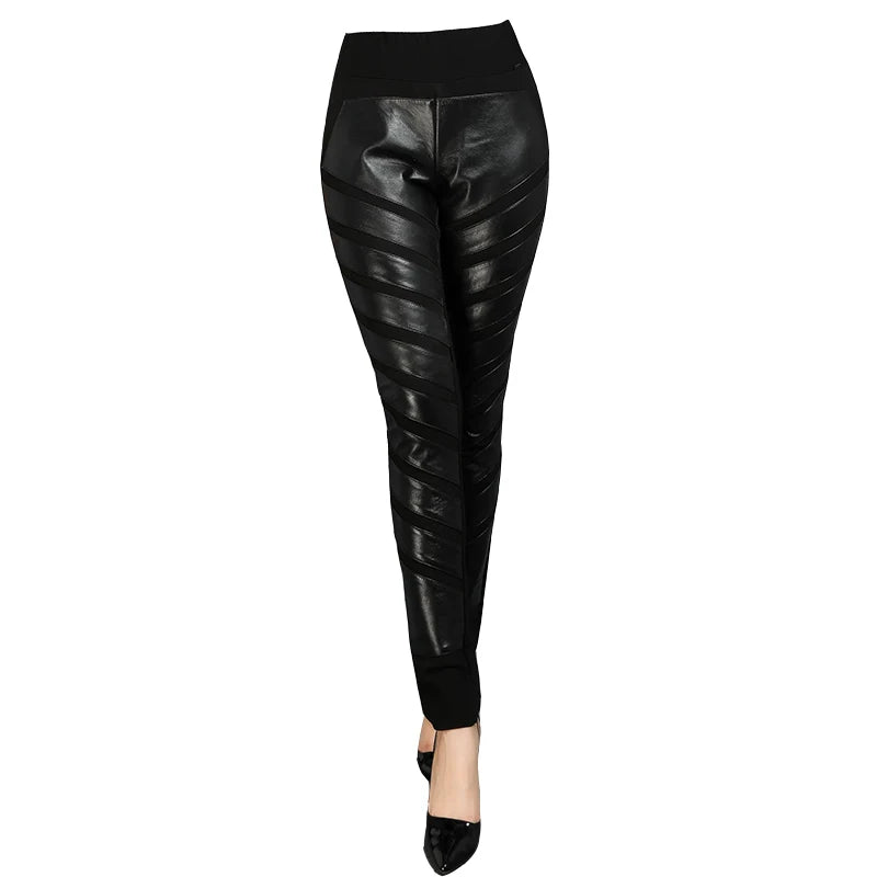 OL Style 100% Sheepskin Pants Women Streetwear Elastic High Waist Pencil Pants Genuine Leather Black Party Trousers Female