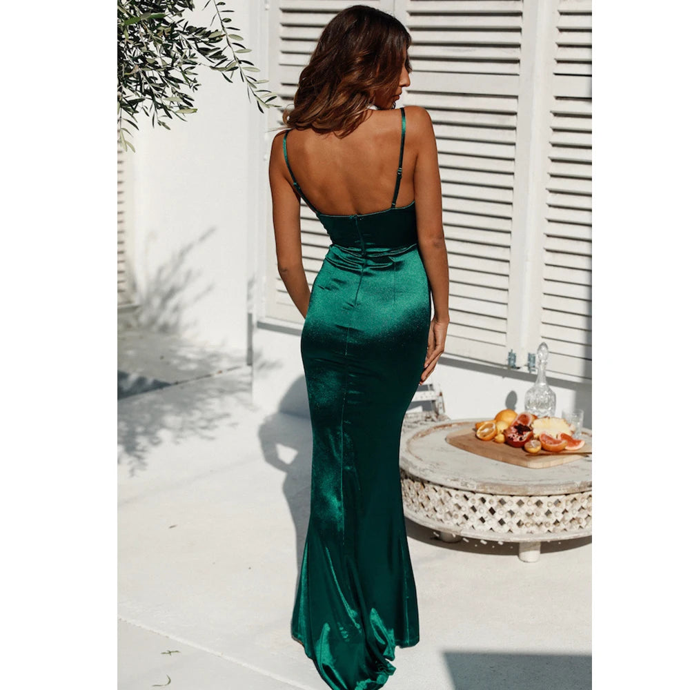 Romagic Green Cowl Neck Evening Dress Backless Long Luxury Stretchy Satin Sexy Burgundy Wedding Party Dresses Summer