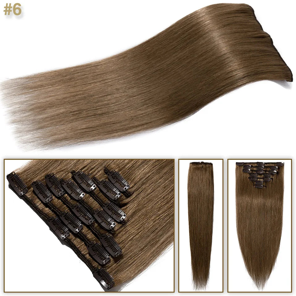 S-noilite 7Pcs/Set Clip In Hair Extensions Human Hair Natural Extension Hair Clips 15"-22" Thin Full Head Clip In Natural Hair