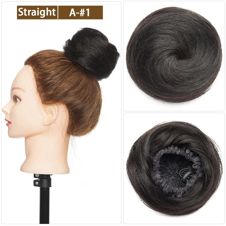 S-noilite 30g Hair Bun Curly Or Straight Chignon 100% Human Hair Donut Hairpiece Brown Blonde Headwear Wrap On Elastic Scrunchie