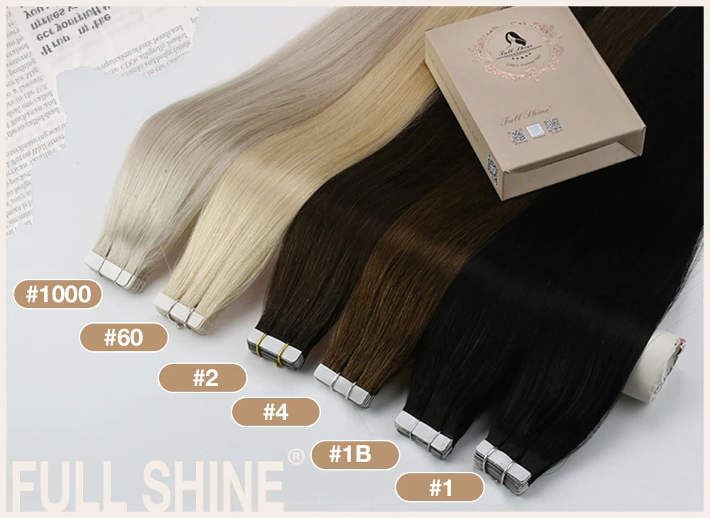 Full Shine Tape in Human Hair Extensions 20pcs Adhesive Skin Weft Pure Solid Color Glue on Woman Hair Machine Made Remy