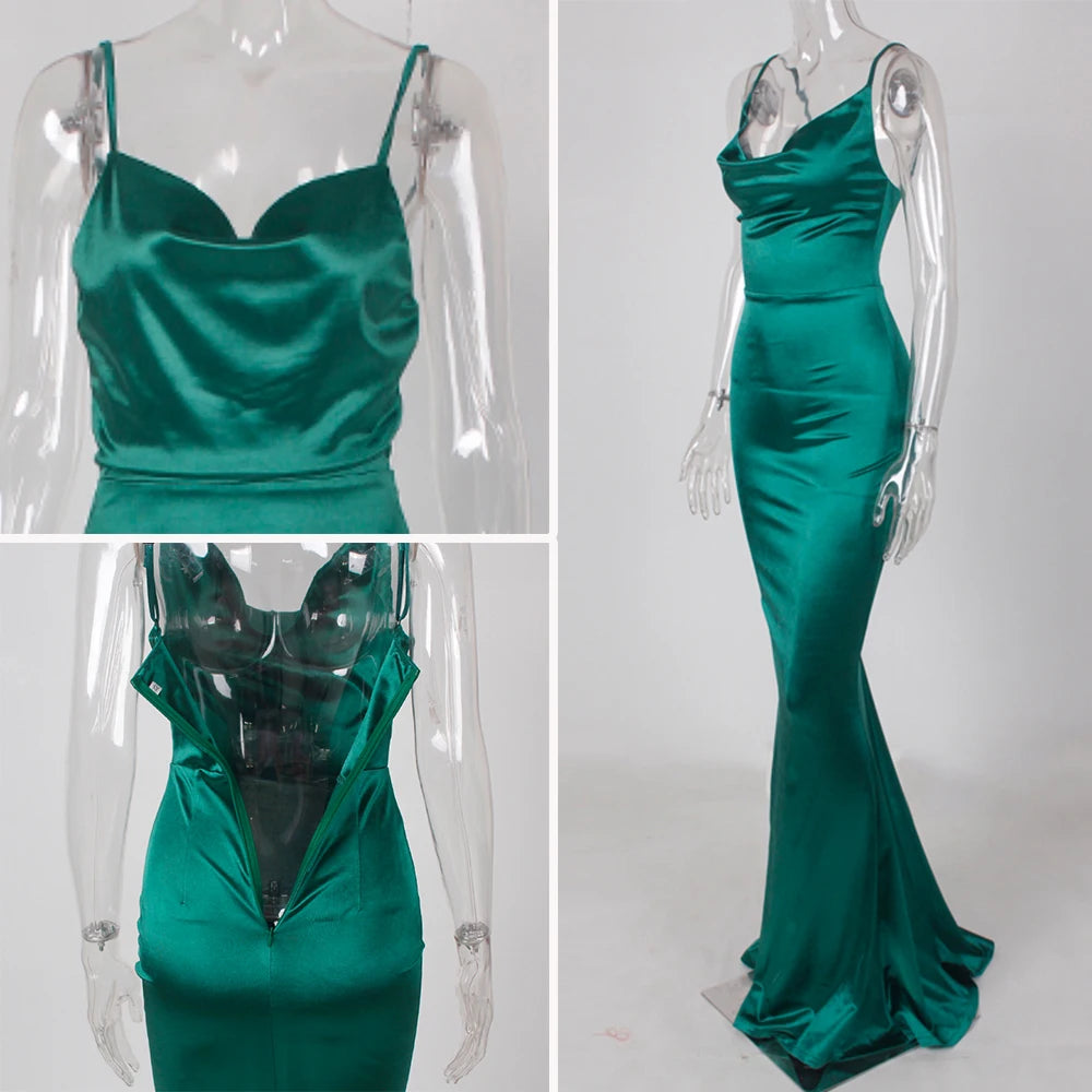 Romagic Green Cowl Neck Evening Dress Backless Long Luxury Stretchy Satin Sexy Burgundy Wedding Party Dresses Summer