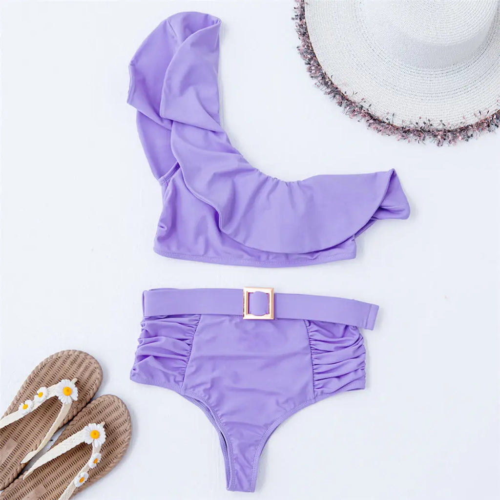 One Shoulder Ruffled Female Swimsuit High Waist Bikini Women Swimwear Two-pieces Bikini set Belt Bather Bathing Suit Swim K2866C