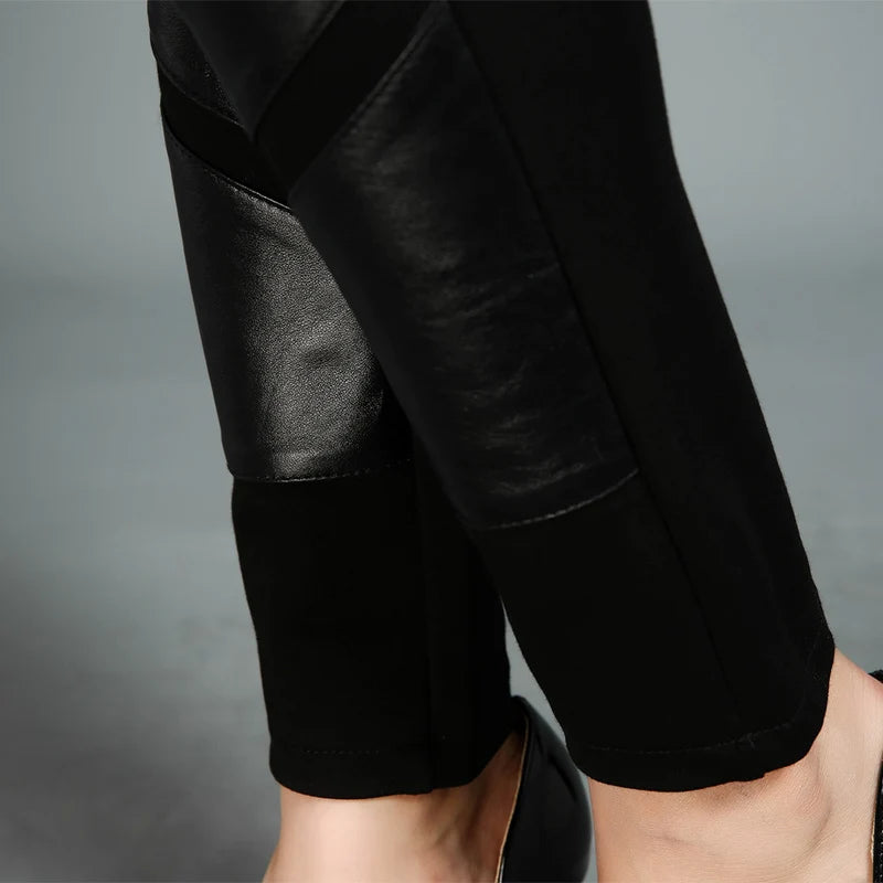 OL Style 100% Sheepskin Pants Women Streetwear Elastic High Waist Pencil Pants Genuine Leather Black Party Trousers Female