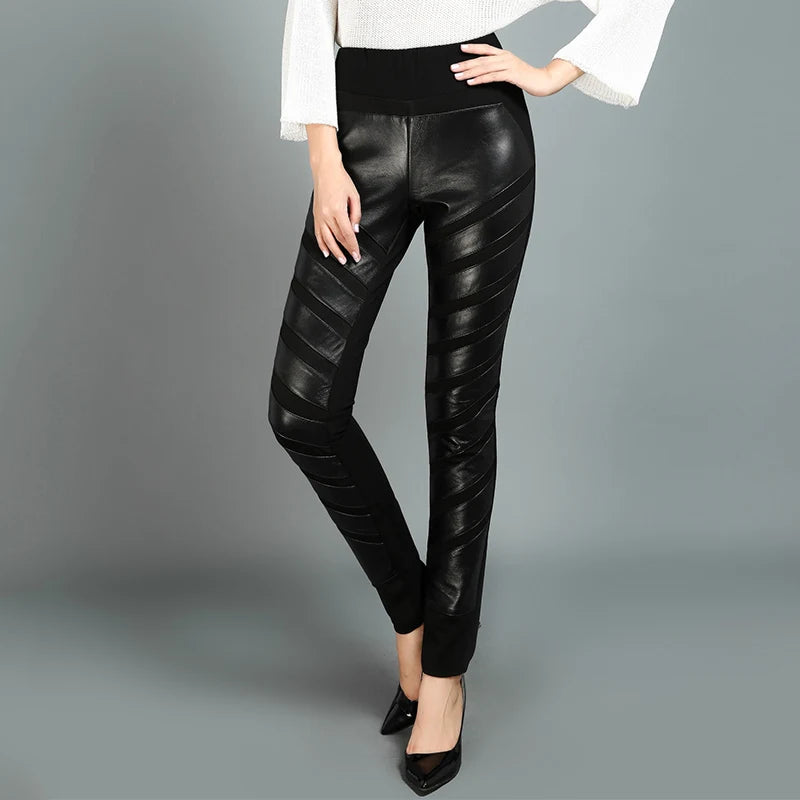 OL Style 100% Sheepskin Pants Women Streetwear Elastic High Waist Pencil Pants Genuine Leather Black Party Trousers Female