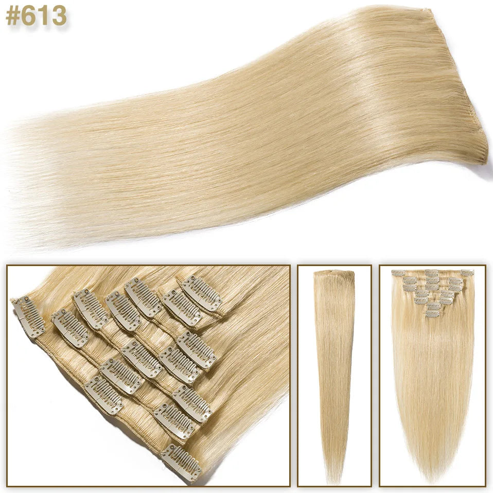 S-noilite 7Pcs/Set Clip In Hair Extensions Human Hair Natural Extension Hair Clips 15"-22" Thin Full Head Clip In Natural Hair