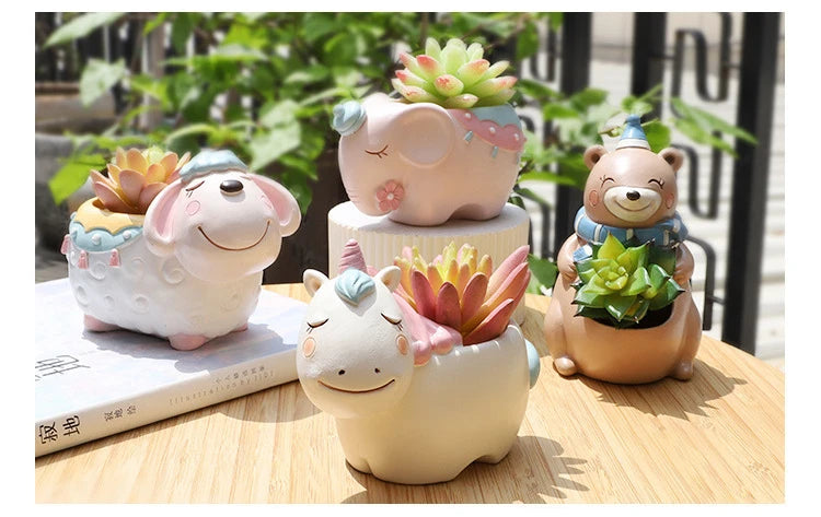 Cartoon Animal Flower Pot for Succulents Cactus Plants, Unicorn Elephant Bear Fairy Garden Figurine, Home Tabletop Decor