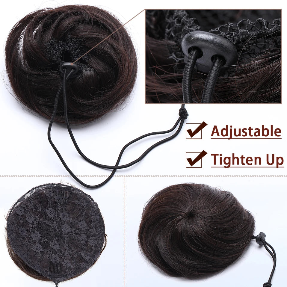 S-noilite 30g Hair Bun Curly Or Straight Chignon 100% Human Hair Donut Hairpiece Brown Blonde Headwear Wrap On Elastic Scrunchie