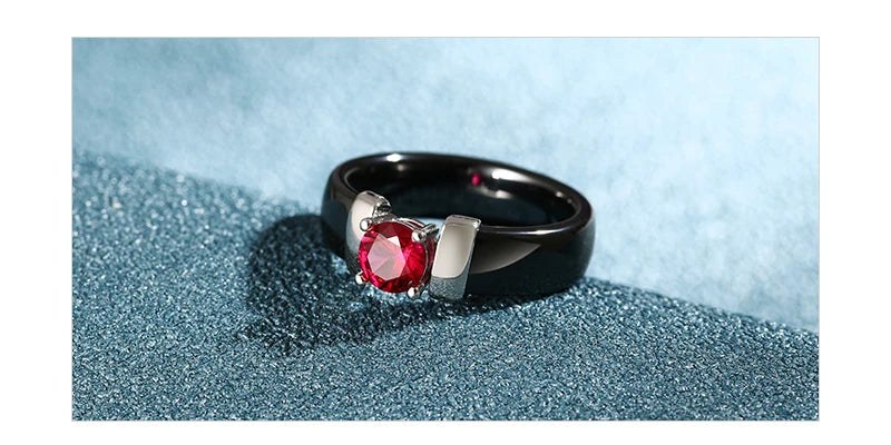 6mm White Black Ceramic Rings Plus Red Cubic Zirconia For Women Gold Color Stainless Steel Women Wedding Ring Engagement Jewelry