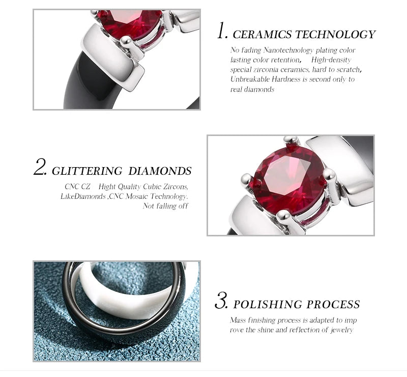 6mm White Black Ceramic Rings Plus Red Cubic Zirconia For Women Gold Color Stainless Steel Women Wedding Ring Engagement Jewelry