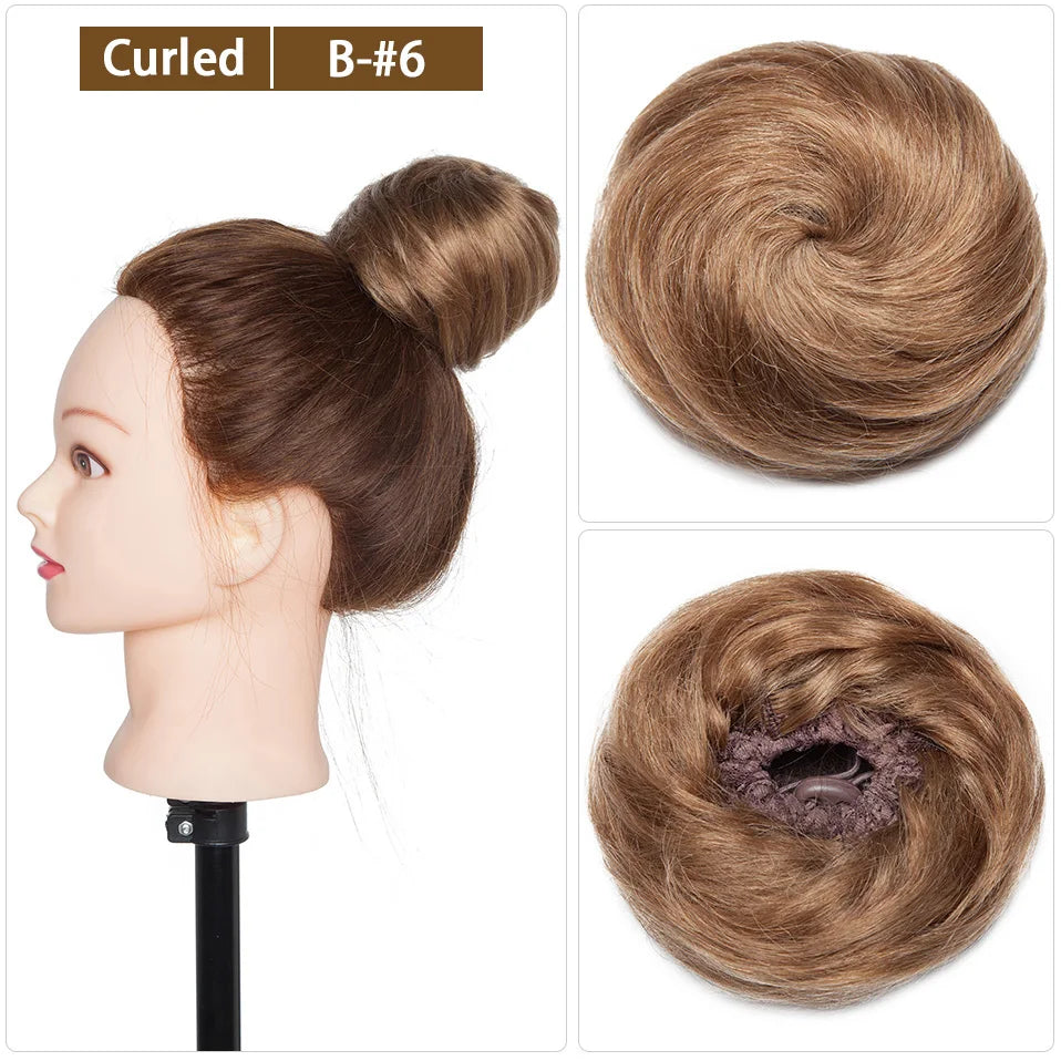 S-noilite 30g Hair Bun Curly Or Straight Chignon 100% Human Hair Donut Hairpiece Brown Blonde Headwear Wrap On Elastic Scrunchie