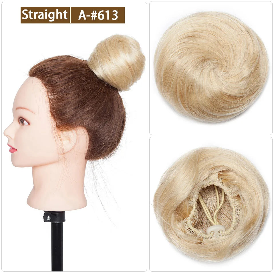 S-noilite 30g Hair Bun Curly Or Straight Chignon 100% Human Hair Donut Hairpiece Brown Blonde Headwear Wrap On Elastic Scrunchie