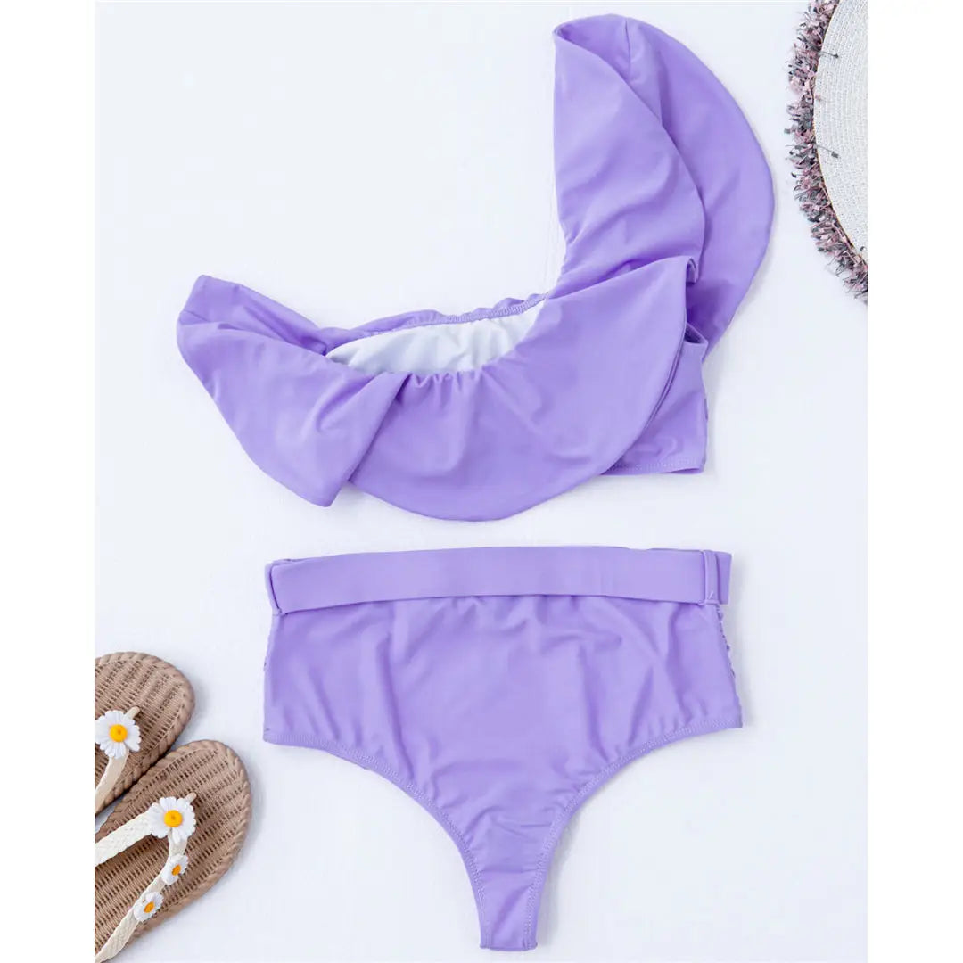 One Shoulder Ruffled Female Swimsuit High Waist Bikini Women Swimwear Two-pieces Bikini set Belt Bather Bathing Suit Swim K2866C