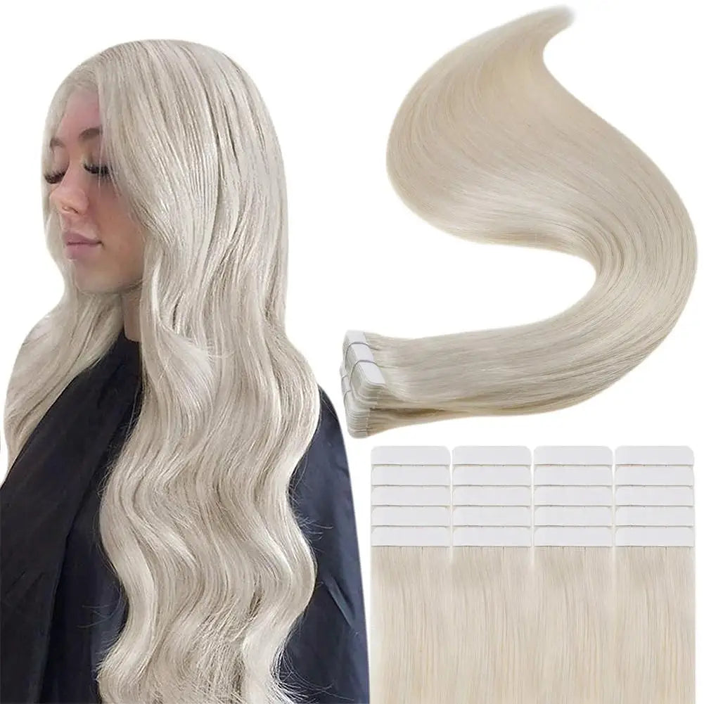 Full Shine Tape in Human Hair Extensions 20pcs Adhesive Skin Weft Pure Solid Color Glue on Woman Hair Machine Made Remy
