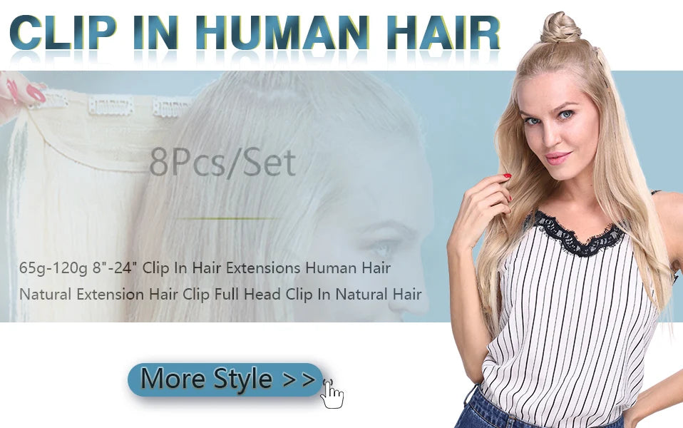 S-noilite 7Pcs/Set Clip In Hair Extensions Human Hair Natural Extension Hair Clips 15"-22" Thin Full Head Clip In Natural Hair