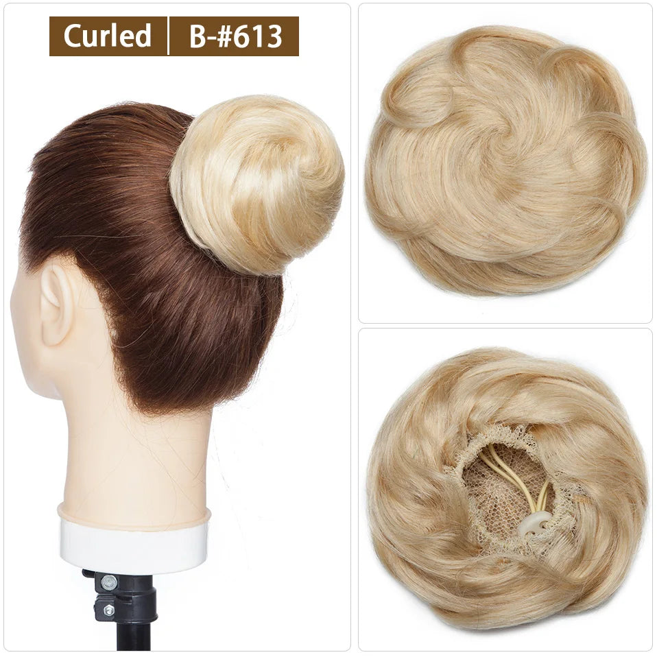 S-noilite 30g Hair Bun Curly Or Straight Chignon 100% Human Hair Donut Hairpiece Brown Blonde Headwear Wrap On Elastic Scrunchie
